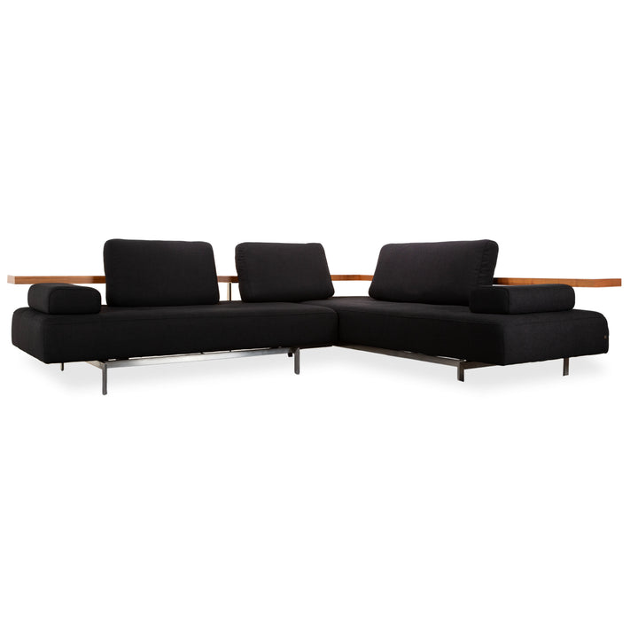 Rolf Benz Dono 6100 sofá esquinero de tela negro, madera marrón, función manual, retapizado VIVO 663