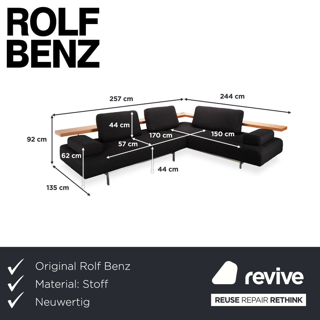 Rolf Benz Dono 6100 sofá esquinero de tela negro, madera marrón, función manual, retapizado VIVO 663