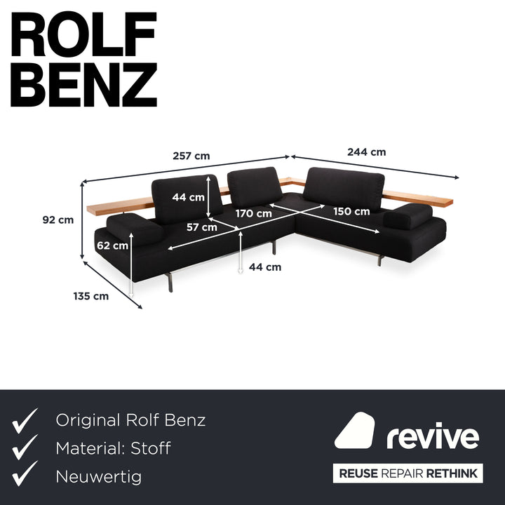Rolf Benz Dono 6100 sofá esquinero de tela negro, madera marrón, función manual, retapizado VIVO 663