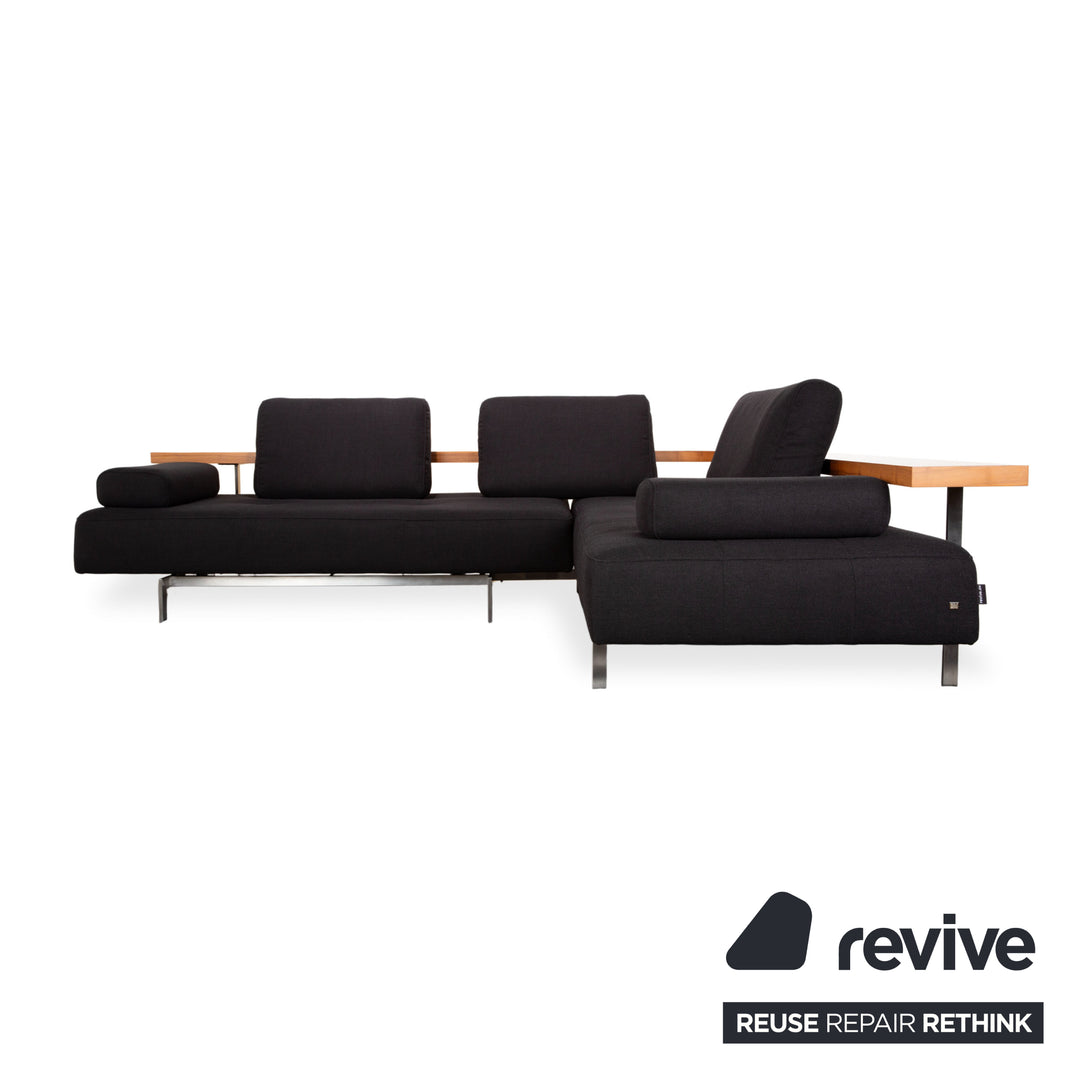 Rolf Benz Dono 6100 sofá esquinero de tela negro, madera marrón, función manual, retapizado VIVO 663