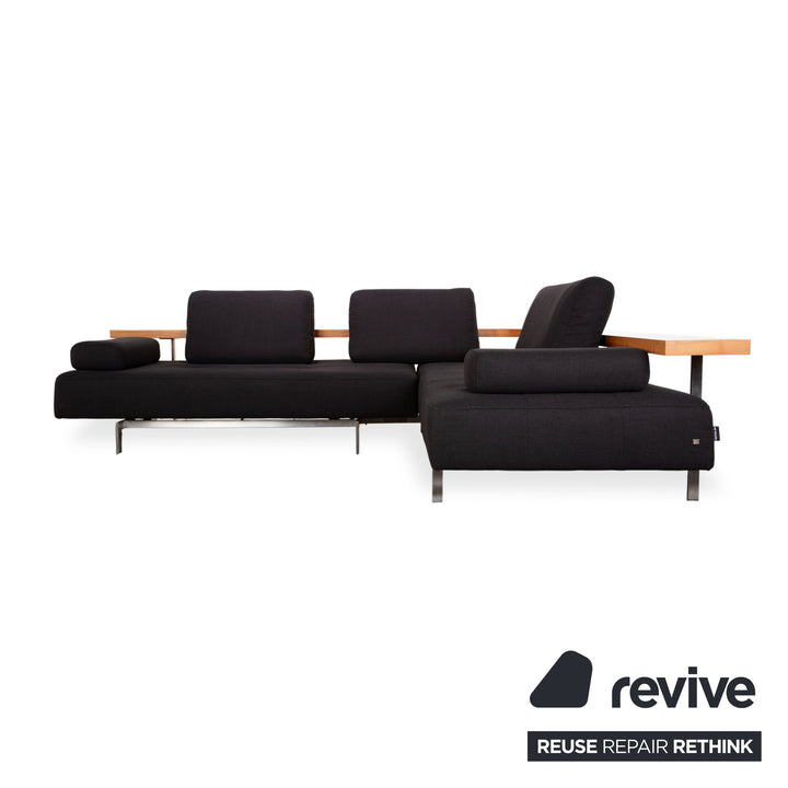 Rolf Benz Dono 6100 sofá esquinero de tela negro, madera marrón, función manual, retapizado VIVO 663