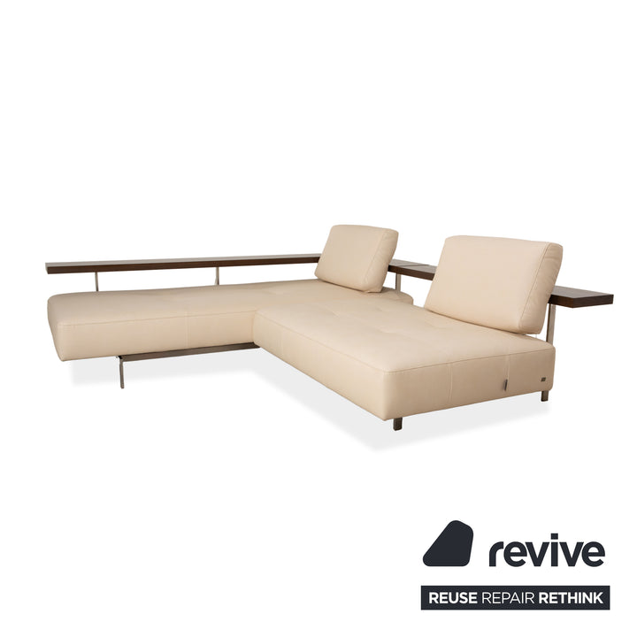 Canapé d'angle Rolf Benz Dono 6100 en cuir végan, couleur crème, fonction manuelle, retapissé