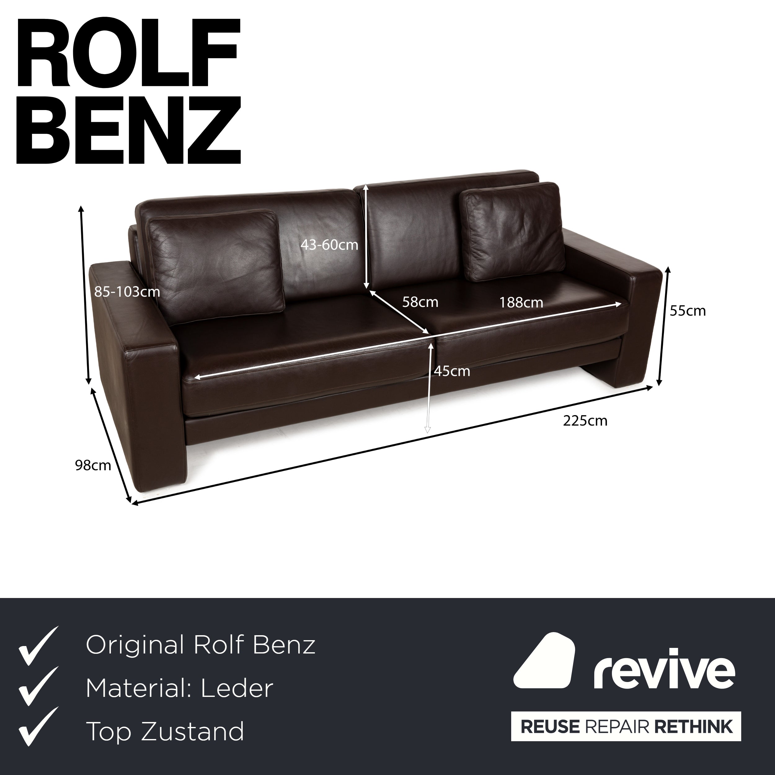 Rolf Benz EGO Leder Dreisitzer Braun Sofa Couch manuelle Funktion