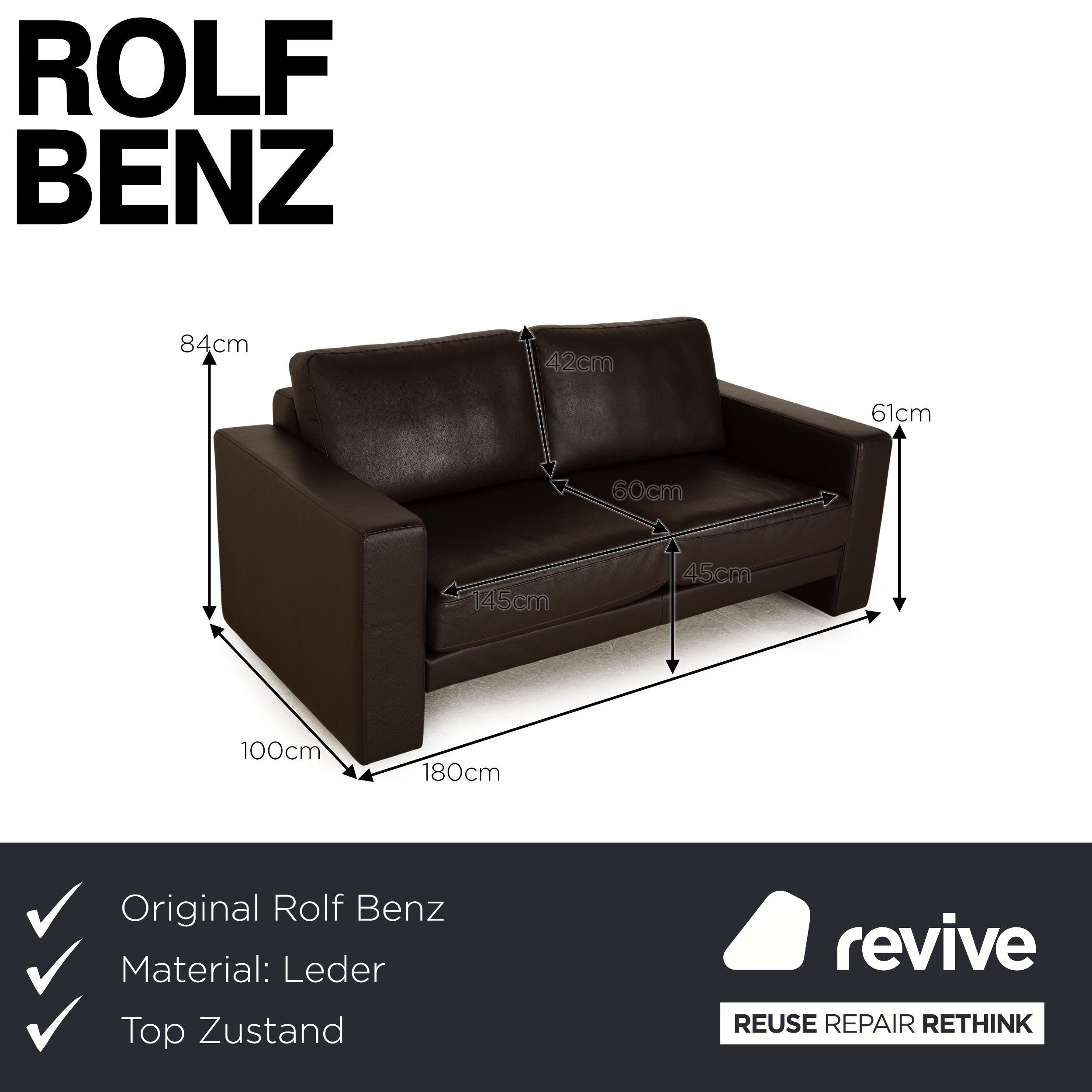 Rolf Benz EGO Leather Two Seater Dark Brown Sofa Couch