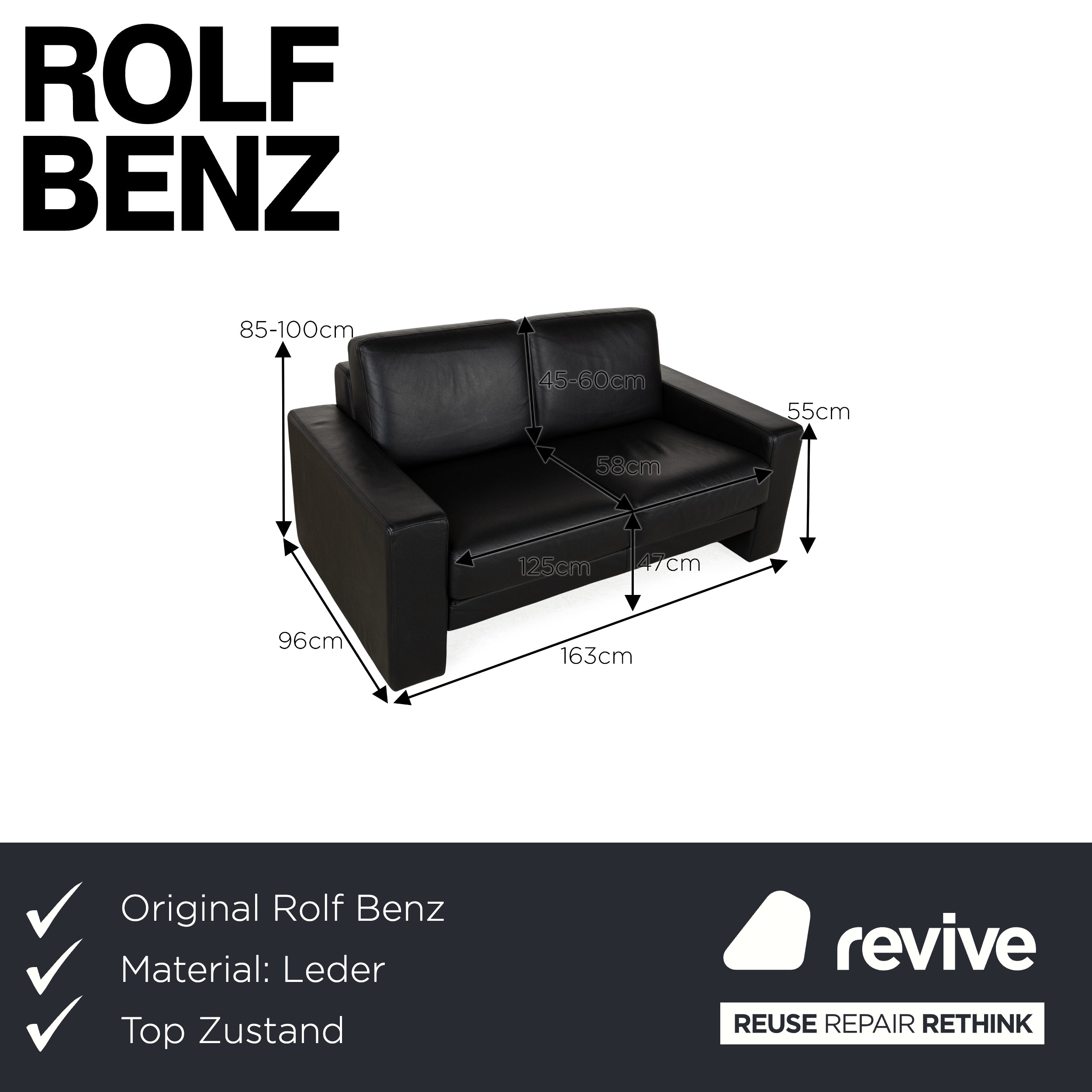 Rolf Benz Ego Leder Zweisitzer Schwarz Sofa Couch manuelle Funktion