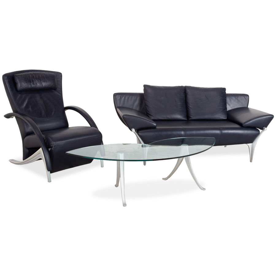 Rolf Benz Garnitur 1600 Leder Zweisitzer Sessel Couchtisch Glas Dunkelblau Sofa Couch manuelle Funktion