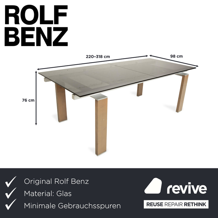 Table à manger extensible en verre fumé marron Rolf Benz, noyer, 220 x 75 x 98 cm