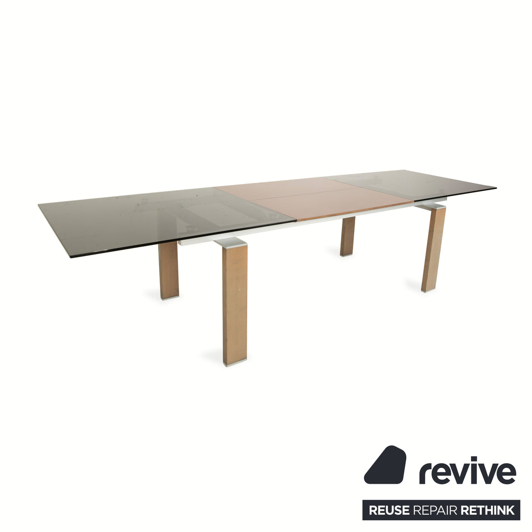 Rolf Benz Glas Esstisch Braun Ausziehfunktion Holz Rauchglas Nussbaum 220 x 75 x 98 cm