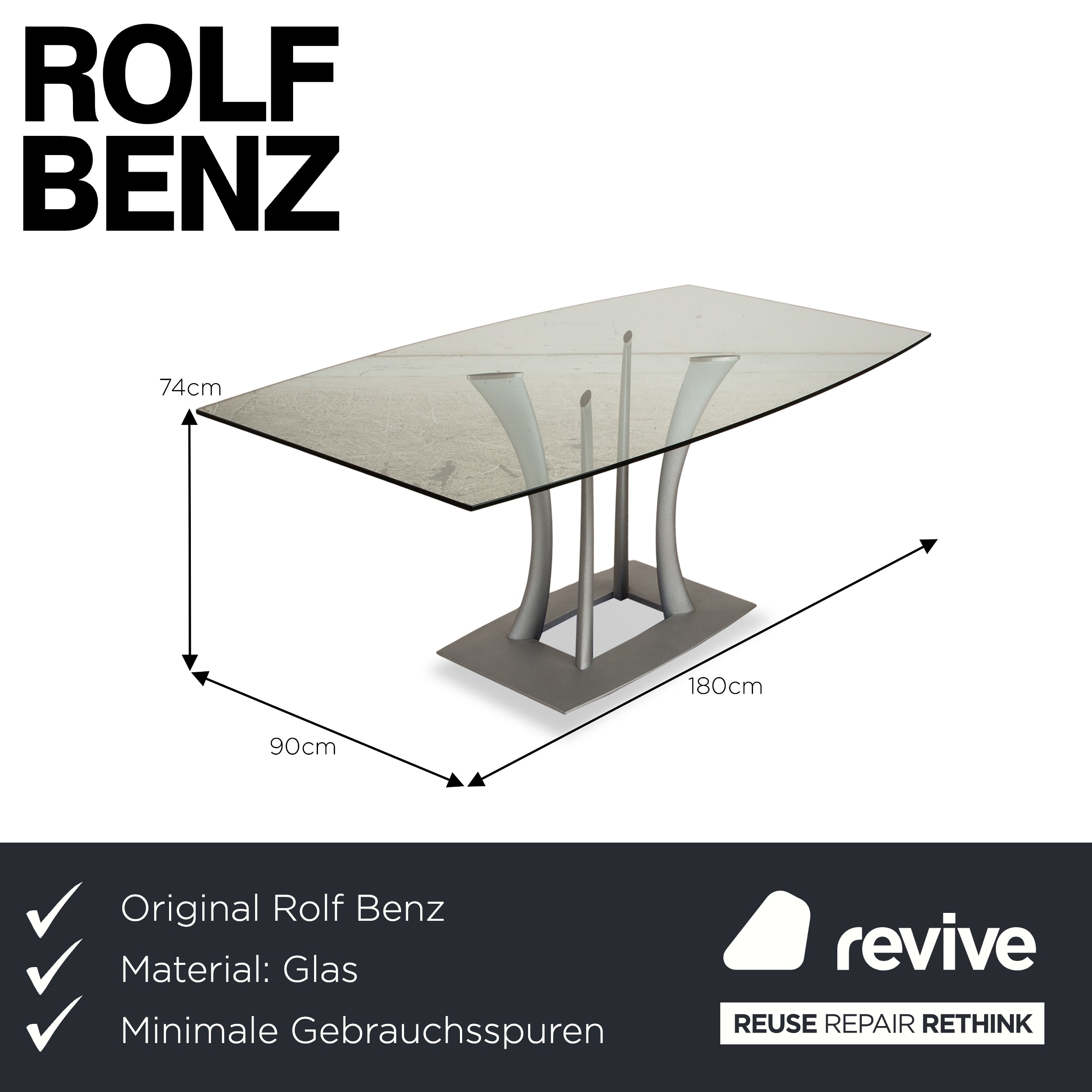 Rolf Benz Glas Esstisch Silber 180 x 90 x 74 cm