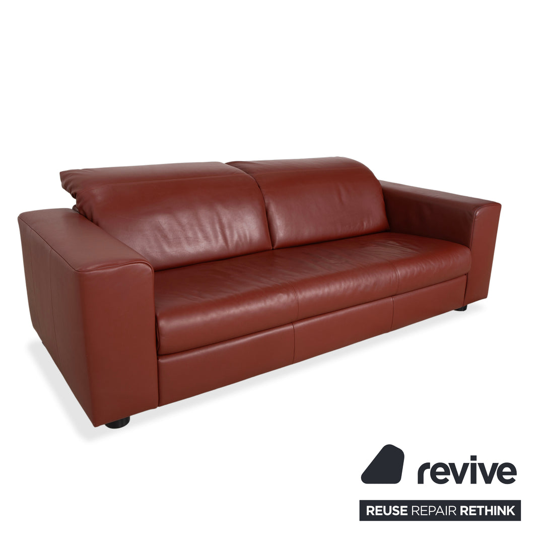 Rolf Benz leather three-seater brown red manual function sofa couch