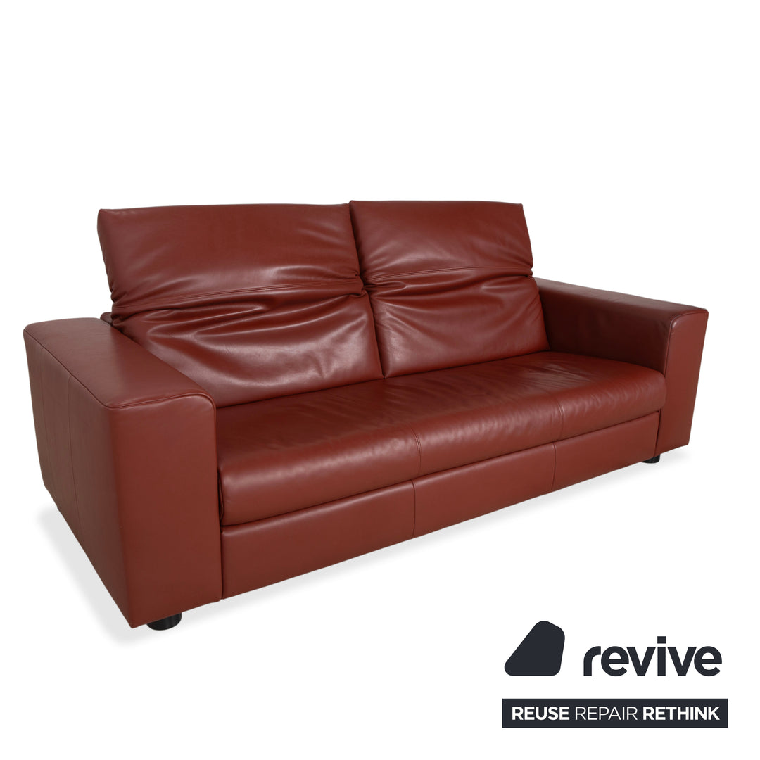 Rolf Benz leather three-seater brown red manual function sofa couch