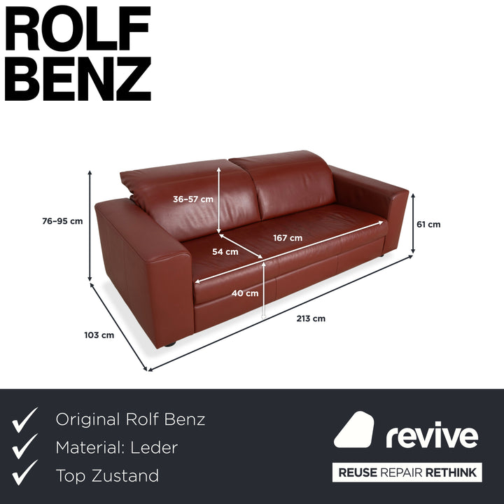 Rolf Benz leather three-seater brown red manual function sofa couch