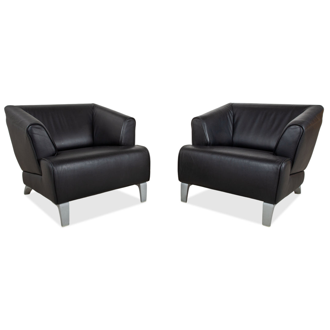 Rolf Benz Fauteuil en cuir Ensemble 2 pièces Noir Pieds en métal