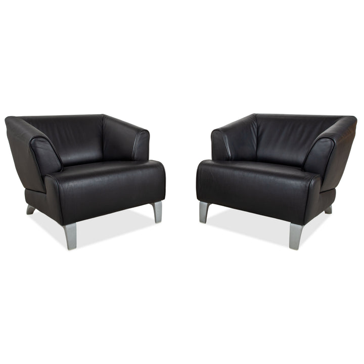 Rolf Benz Fauteuil en cuir Ensemble 2 pièces Noir Pieds en métal