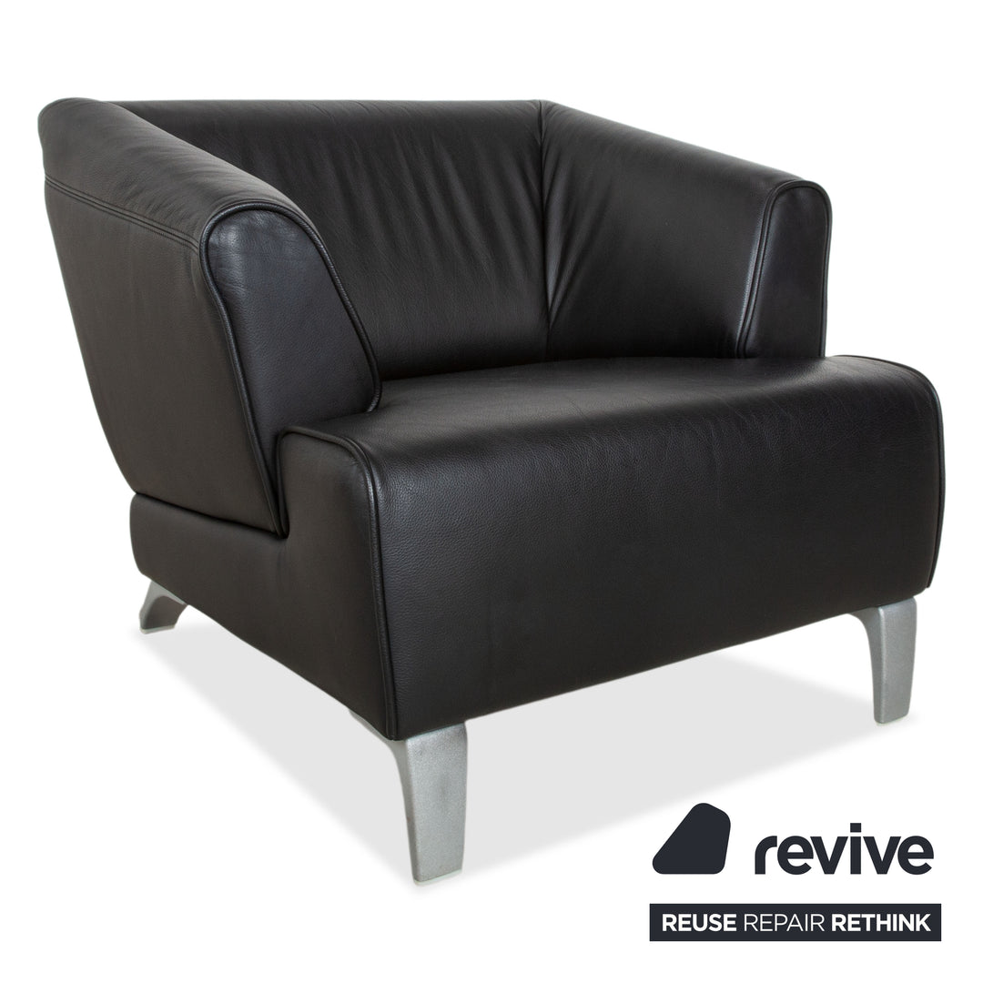 Rolf Benz Fauteuil en cuir Ensemble 2 pièces Noir Pieds en métal