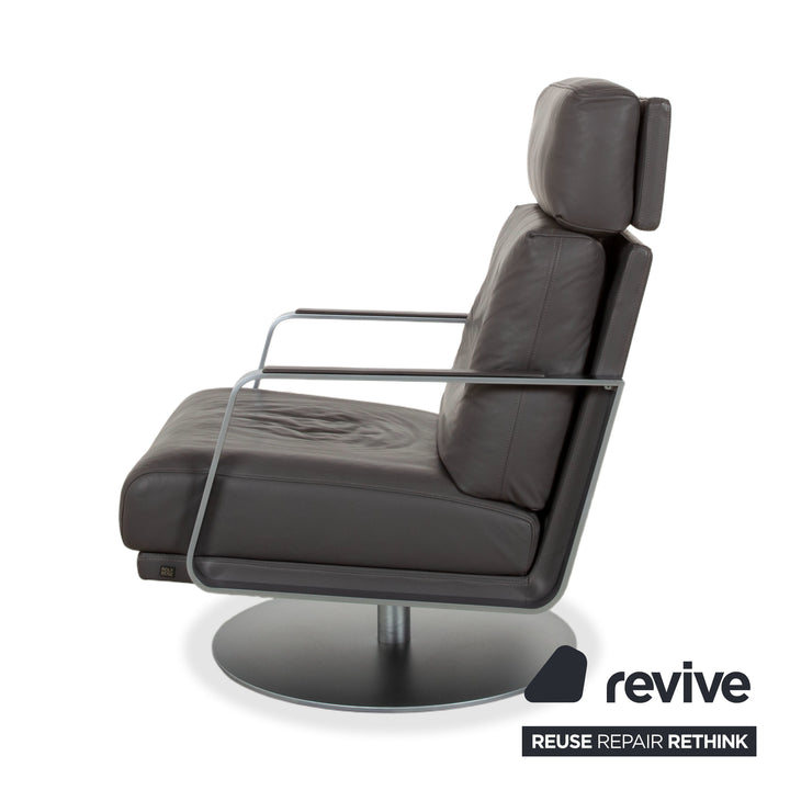 Rolf Benz Leder Metall Sessel Schwarz Anthrazit Dunkelbraun inkl. Hocker