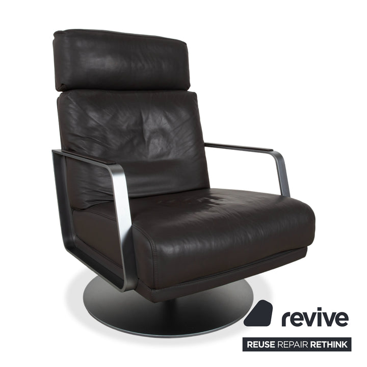 Rolf Benz Leder Metall Sessel Schwarz Anthrazit Dunkelbraun inkl. Hocker