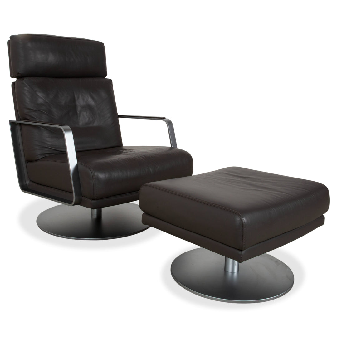 Rolf Benz Leder Metall Sessel Schwarz Anthrazit Dunkelbraun inkl. Hocker
