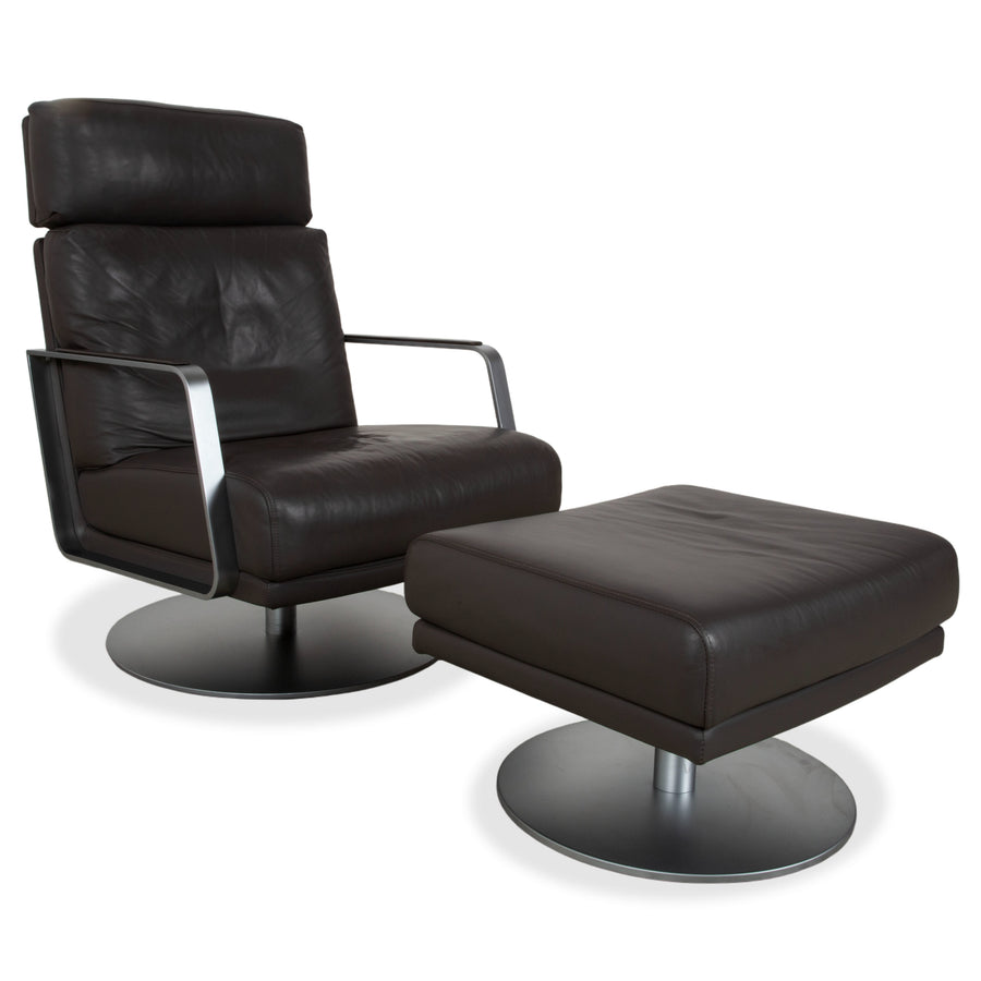 Rolf Benz Leather Metal Armchair Black Anthracite Dark Brown incl. Ottoman