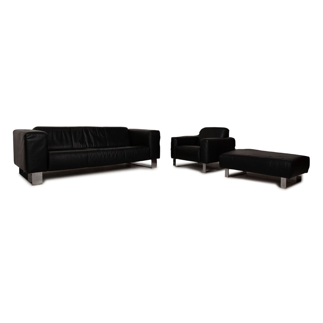 Rolf Benz leather sofa set black three-seater armchair stool sofa couch