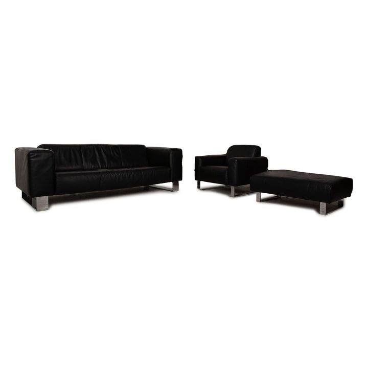 Rolf Benz leather sofa set black three-seater armchair stool sofa couch