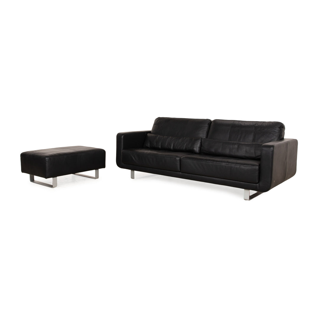 Rolf Benz Leder Sofa Garnitur Schwarz manuelle Funktion Zweisitzer Hocker Couch