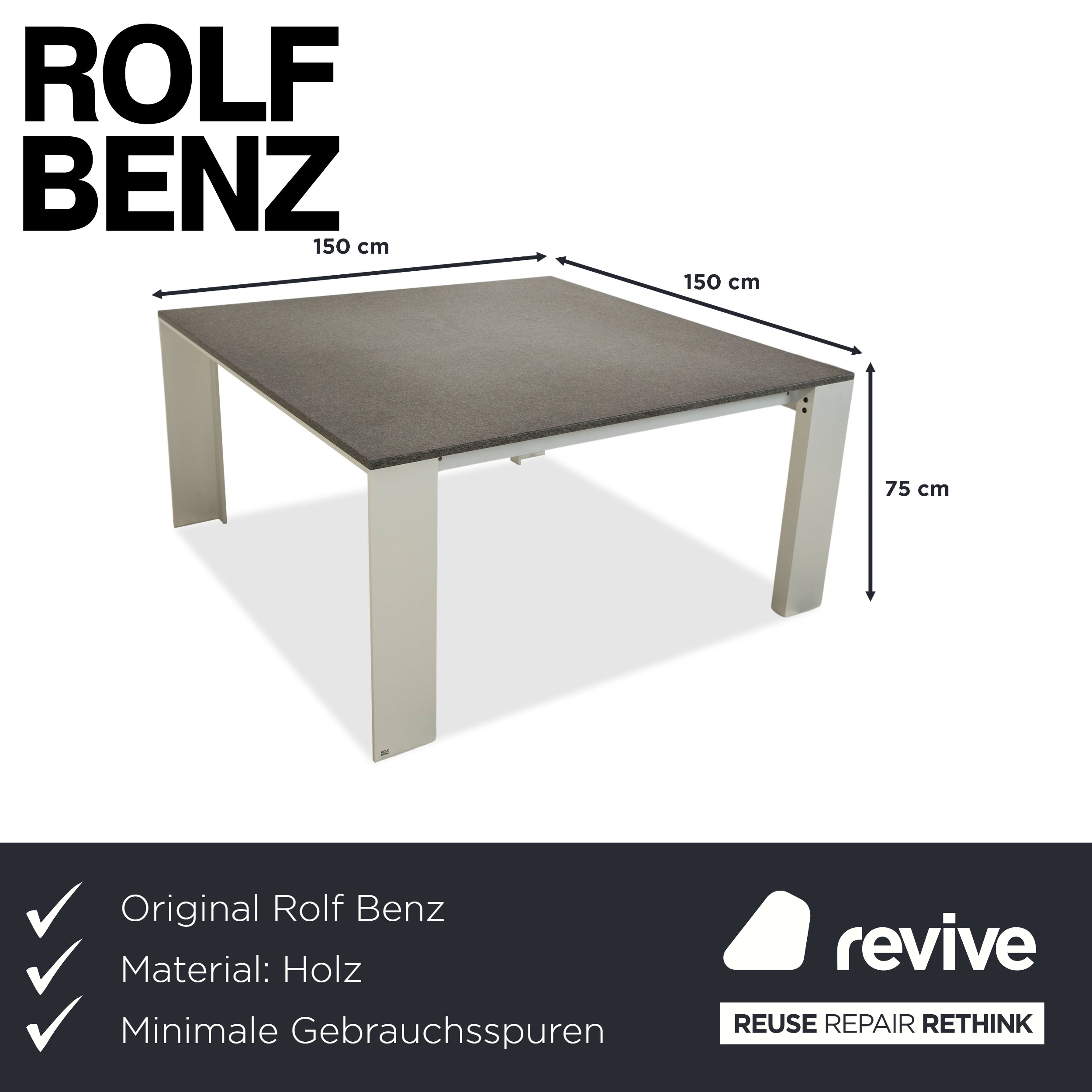 Table à manger en métal Rolf Benz, granit noir anthracite, 150 x 150 x 75 cm