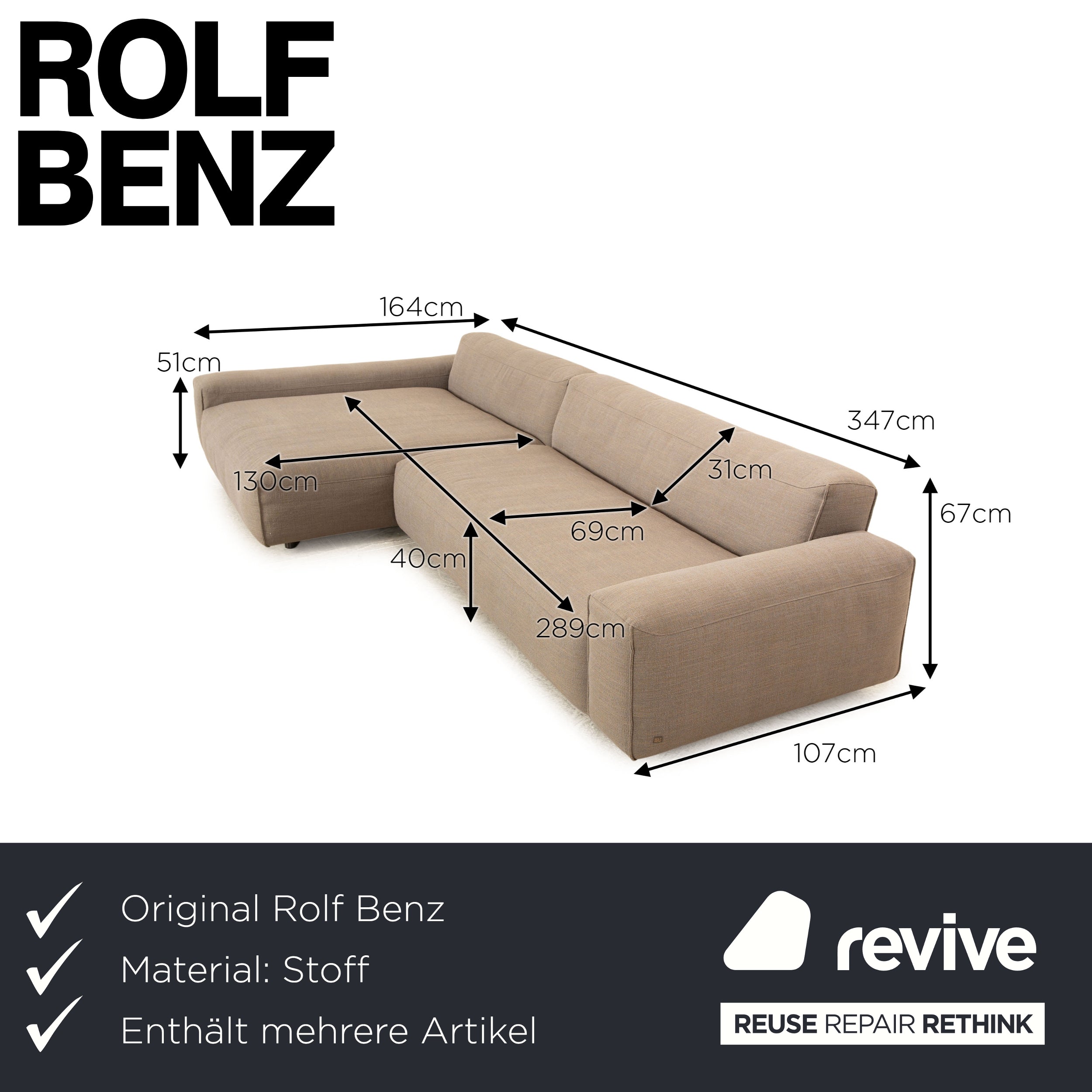 Rolf Benz Mio Stoff Sofa Garnitur Grau Ecksofa Hocker Recamiere Links Sofa Couch