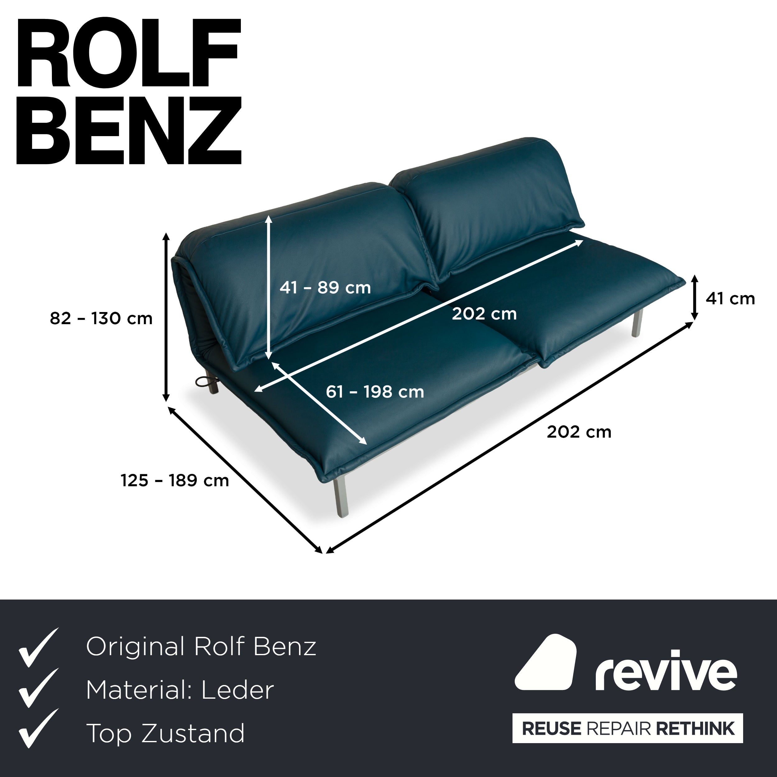 Canapé deux places en cuir bleu essence Rolf Benz Nova 340 à commande manuelle