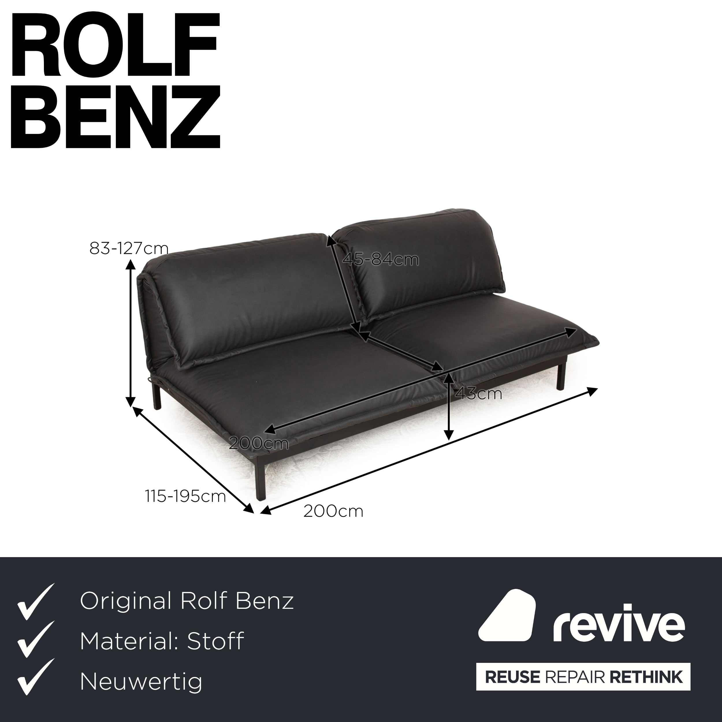 Rolf Benz Nova 340 veganes Leder Stoff Zweisitzer Grau Sofa Couch Neubezug