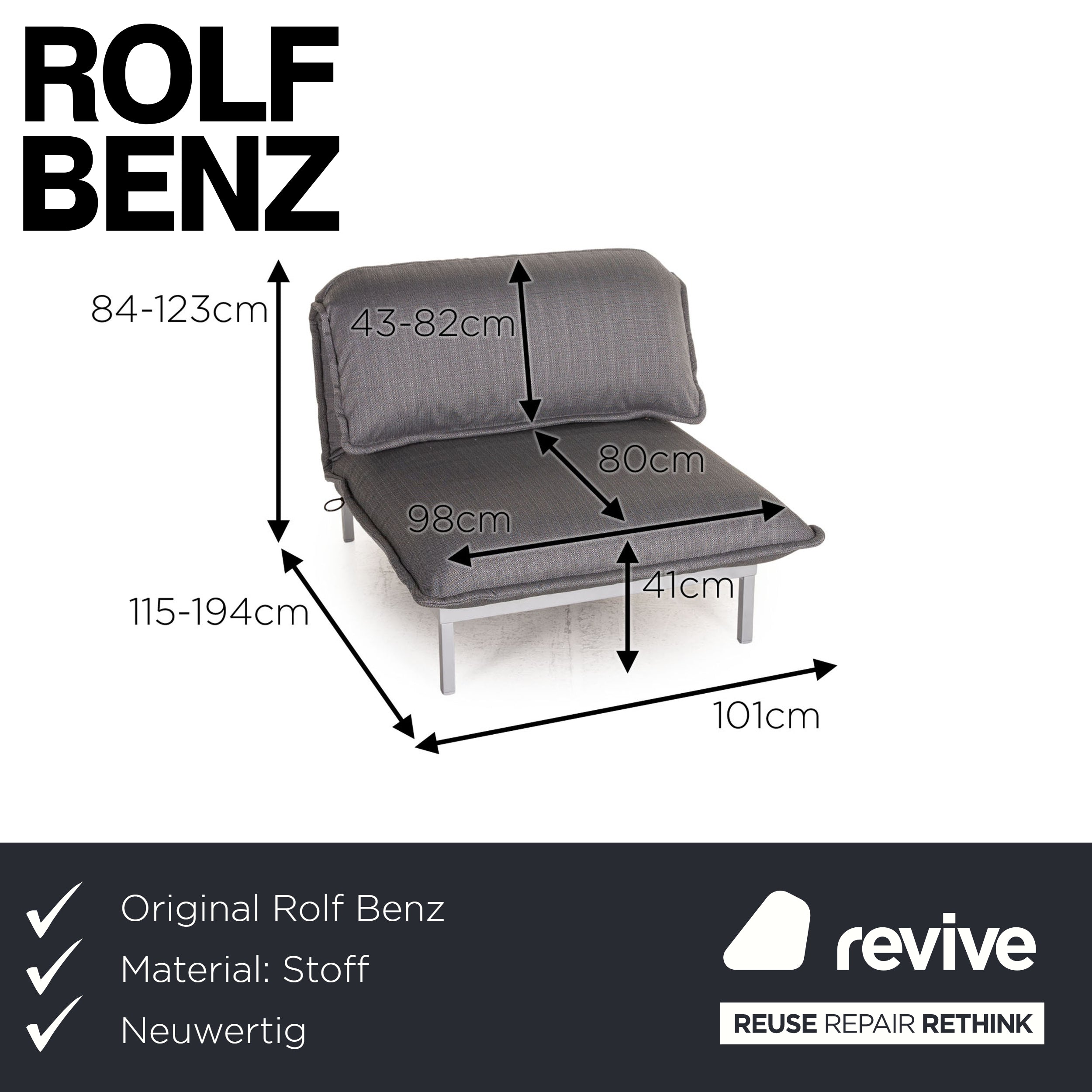 Rolf Benz Nova 340 fabric armchair grey frame silver manual function