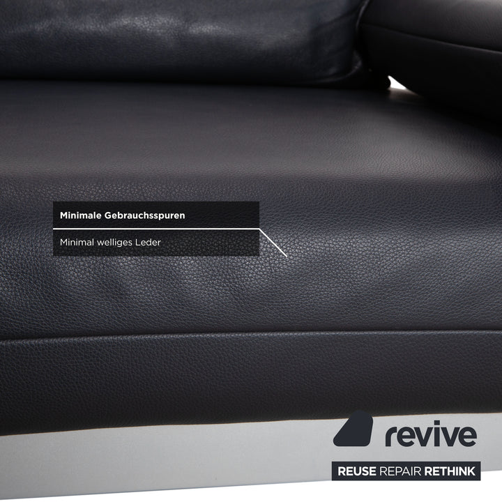 Canapé d'angle Rolf Benz Plura en cuir bleu foncé avec pouf et fonction manuelle