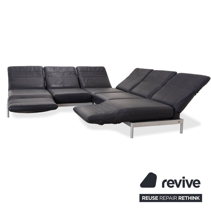 Canapé d'angle Rolf Benz Plura en cuir bleu foncé avec pouf et fonction manuelle