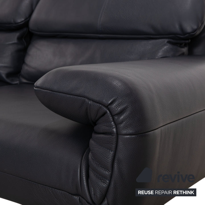 Canapé d'angle Rolf Benz Plura en cuir bleu foncé avec pouf et fonction manuelle