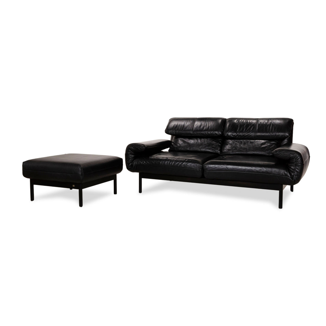 Rolf Benz Plura Leather Sofa Set Three-Seater Black Manual Function Stool Couch