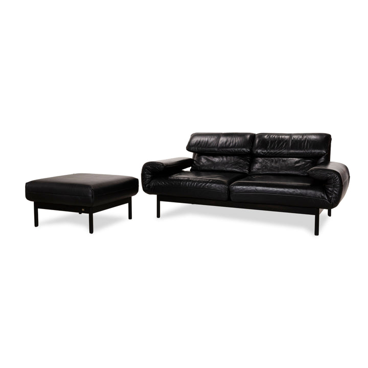 Rolf Benz Plura Leather Sofa Set Three-Seater Black Manual Function Stool Couch