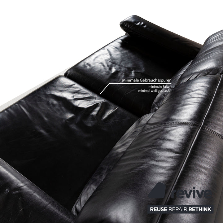 Rolf Benz Plura Leather Sofa Set Three-Seater Black Manual Function Stool Couch