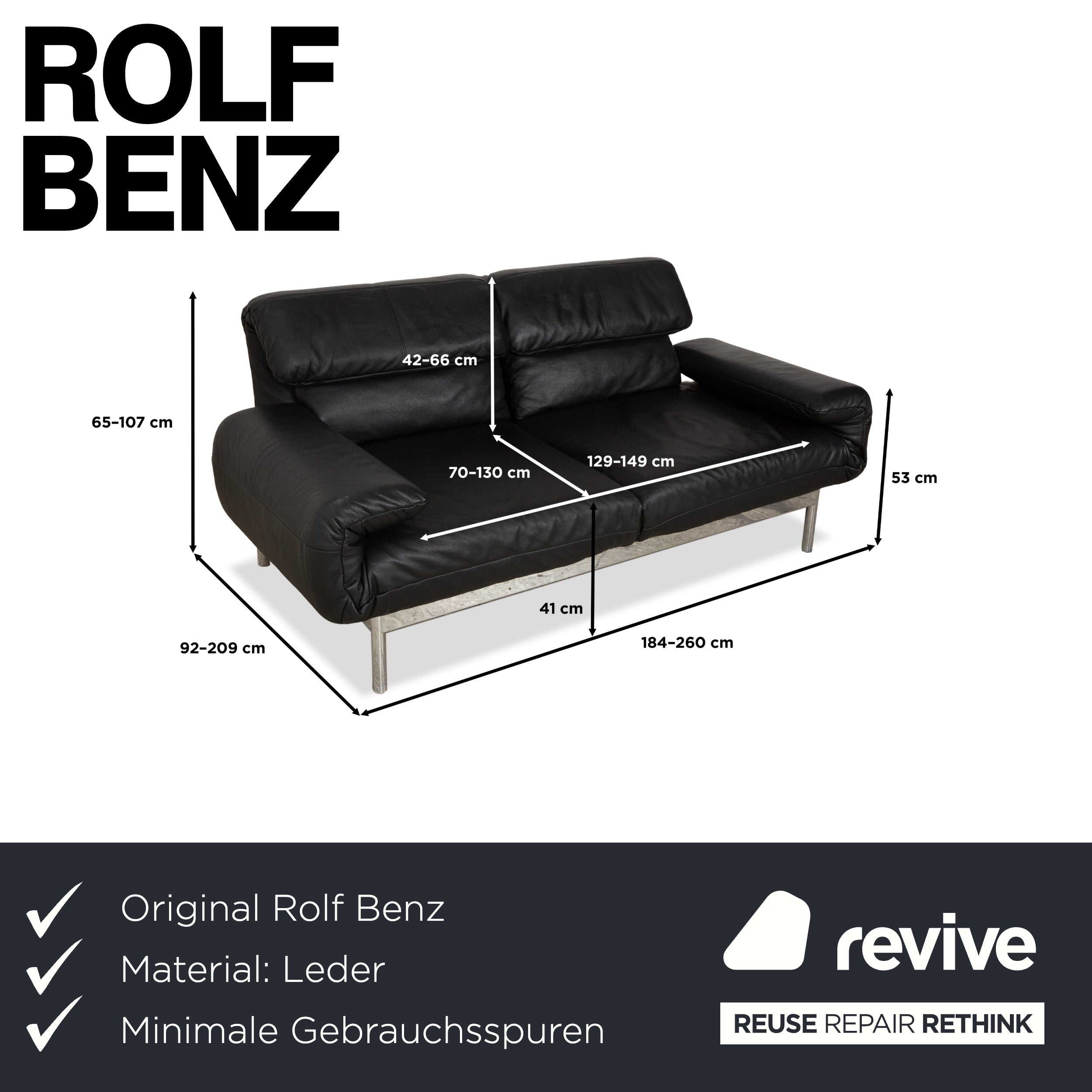 Rolf Benz Plura Leder Sofa Schwarz Zweisitzer Couch Funktion Relaxfunktion