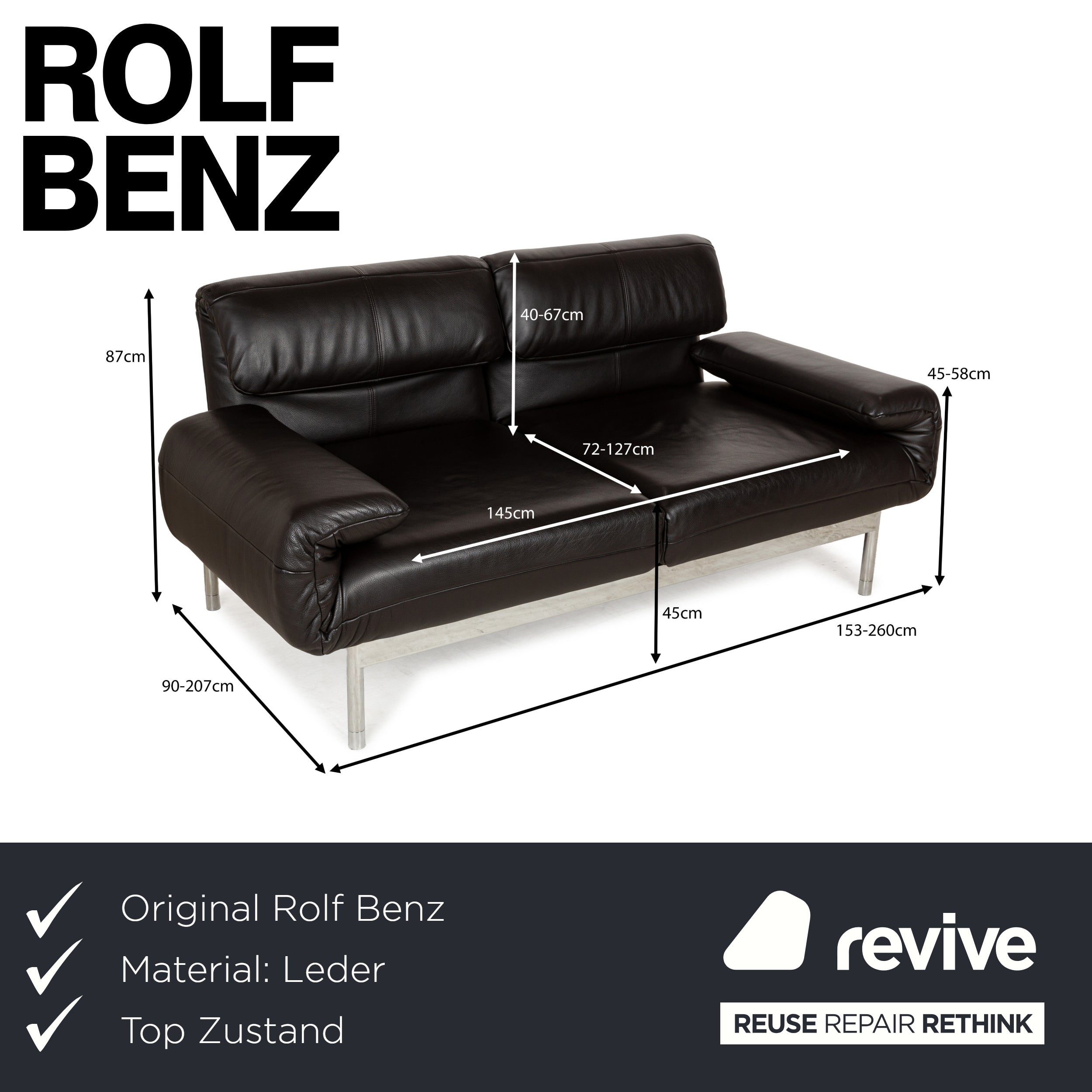 Rolf Benz Plura Leder Zweisitzer Braun Dunkelbraun Schwarz manuelle Funktion Sofa Couch Chrom