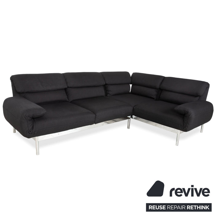 Canapé d'angle Rolf Benz Plura en tissu noir, à réglage manuel, finition chromée