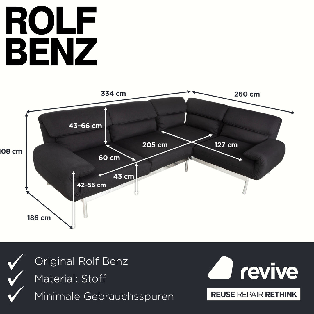 Canapé d'angle Rolf Benz Plura en tissu noir, à réglage manuel, finition chromée