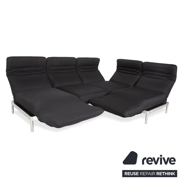 Canapé d'angle Rolf Benz Plura en tissu noir, à réglage manuel, finition chromée