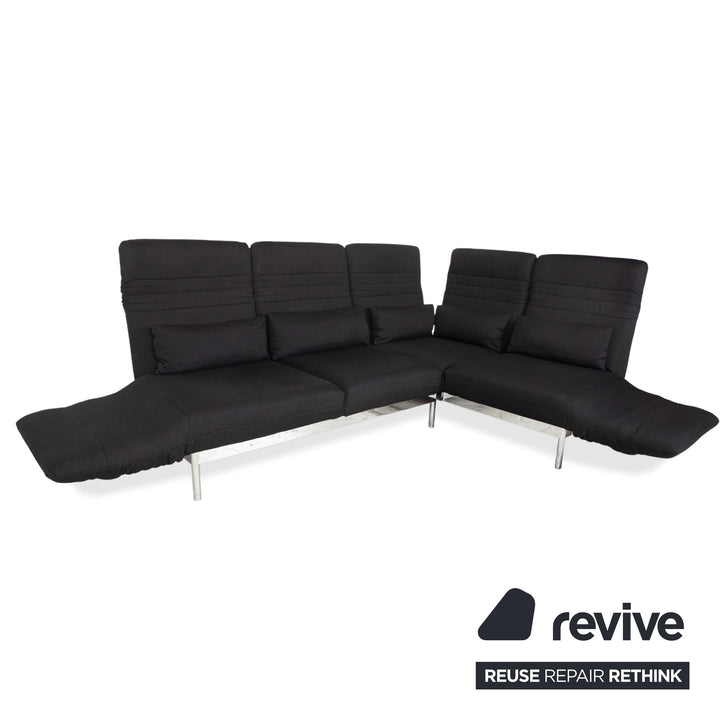 Canapé d'angle Rolf Benz Plura en tissu noir, à réglage manuel, finition chromée