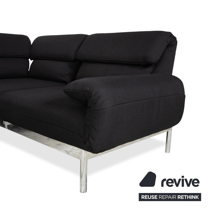 Canapé d'angle Rolf Benz Plura en tissu noir, à réglage manuel, finition chromée
