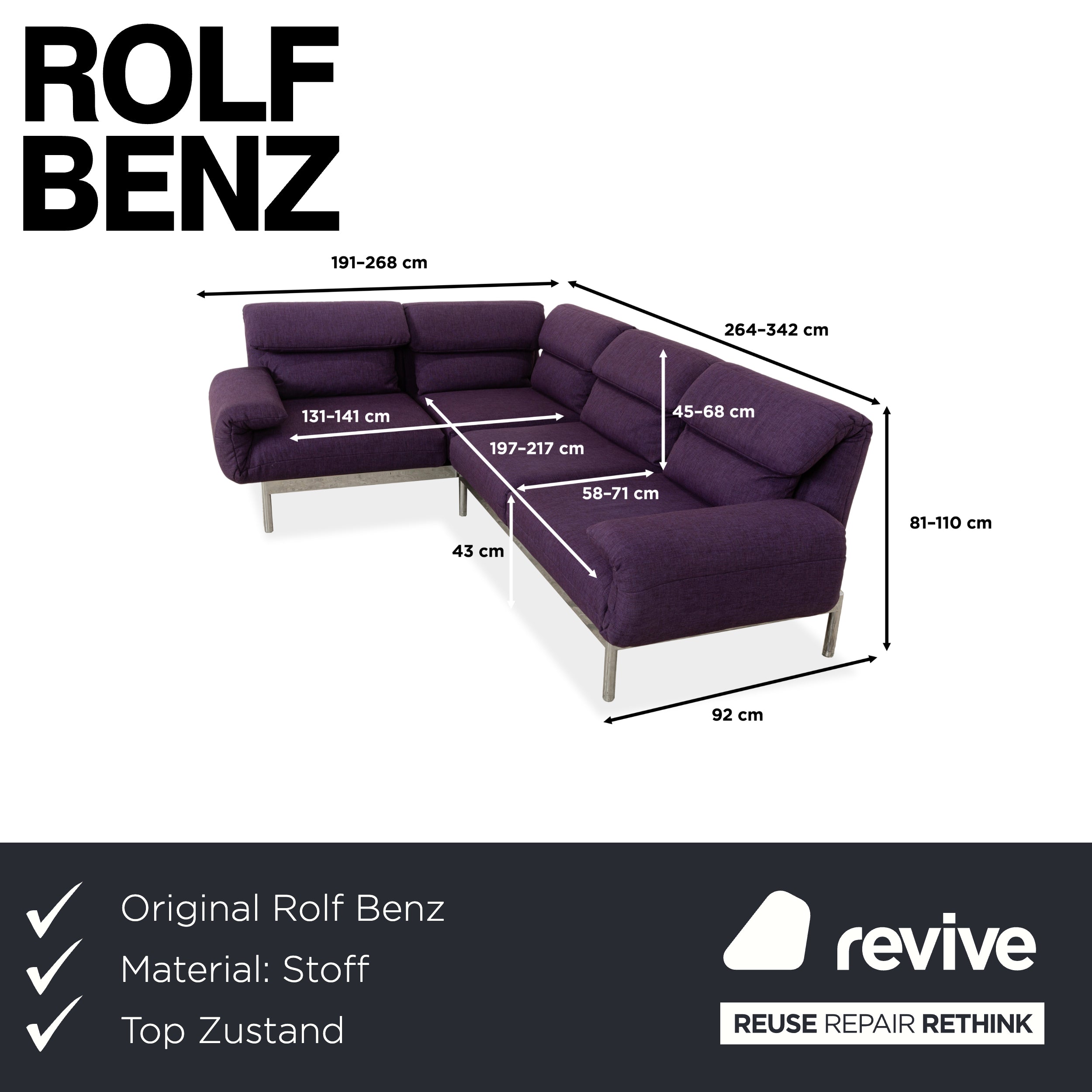 Rolf Benz Plura Stoff Ecksofa Violett lila manuelle Funktion Sofa Couch