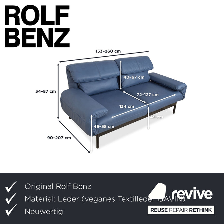 Canapé deux places en cuir Rolf Benz Plura, bleu, fonction manuelle, retapissé, GAVIN 113