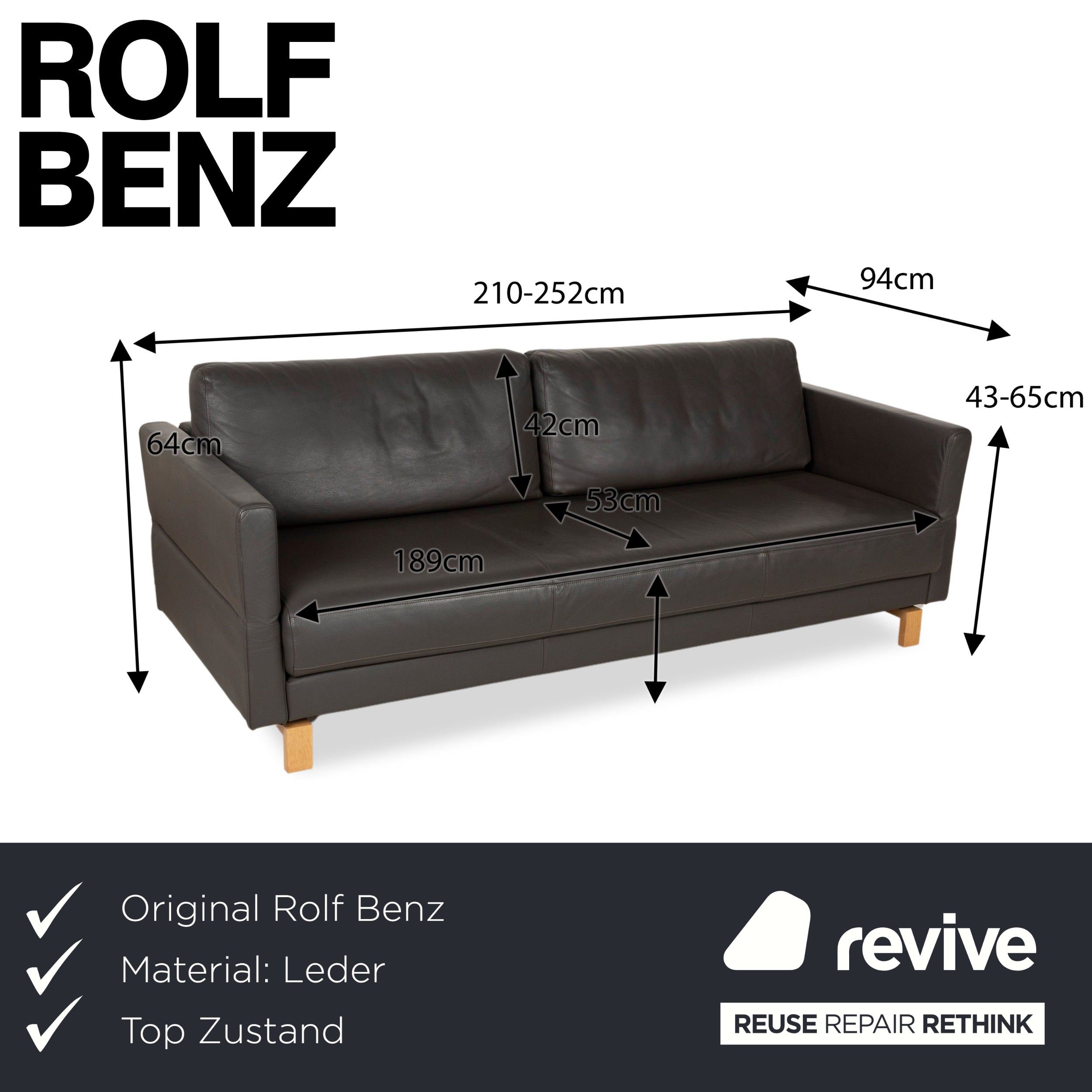 Rolf Benz Vida Leather Three Seater Grey Manual Function Sofa Couch