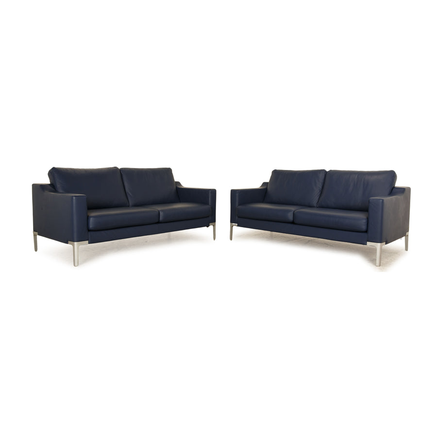 Rolf Benz Vida Leather Sofa Set Blue 2x Two-Seater Couch