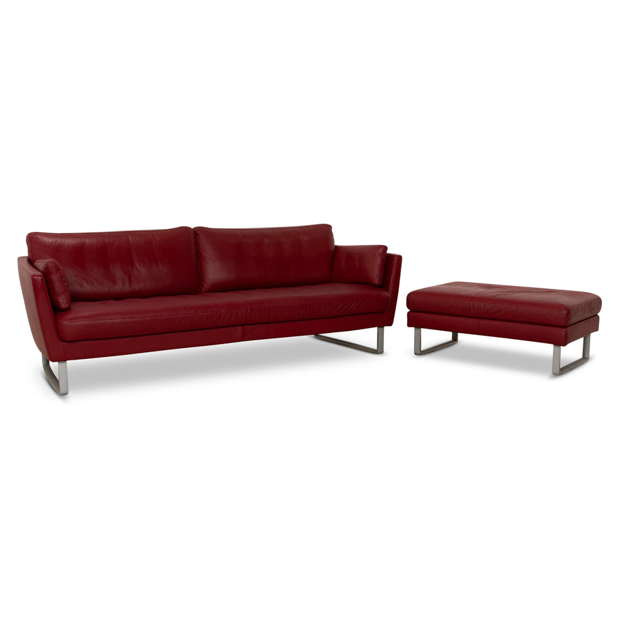 Rolf Benz Vida Leder Sofa Garnitur Rot Weinrot Sofa Couch Dreisitzer Hocker