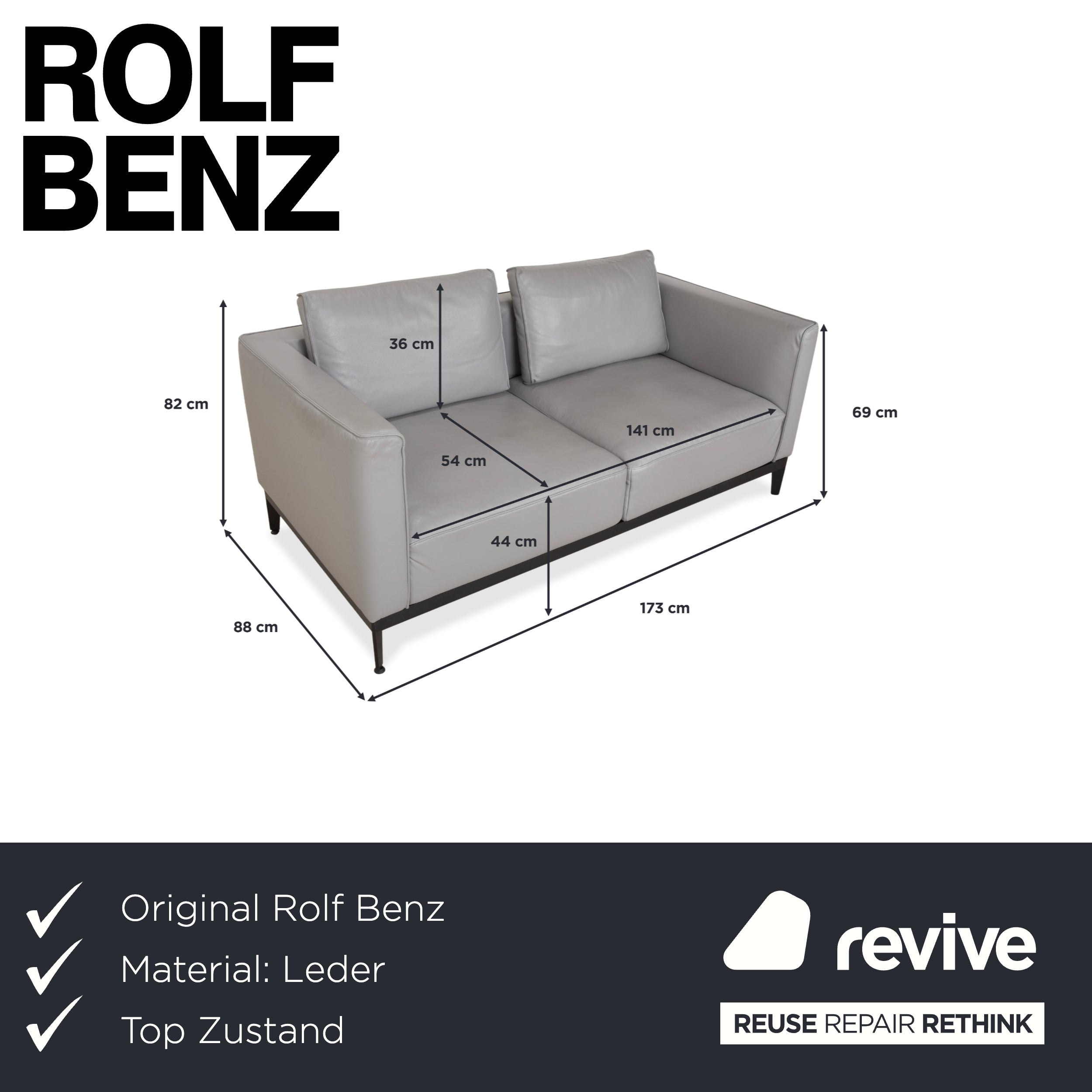 Rolf Benz Zweisitzer Sofa Leder Grau mit manueller Funktion